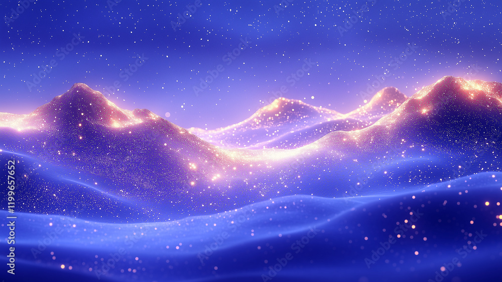 Fototapeta premium serene landscape featuring glowing mountains and shimmering particles, creating magical atmosphere. soft waves of light enhance tranquil scene, inviting calmness and wonder