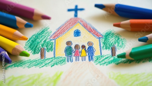 Child's drawing of family at church.
