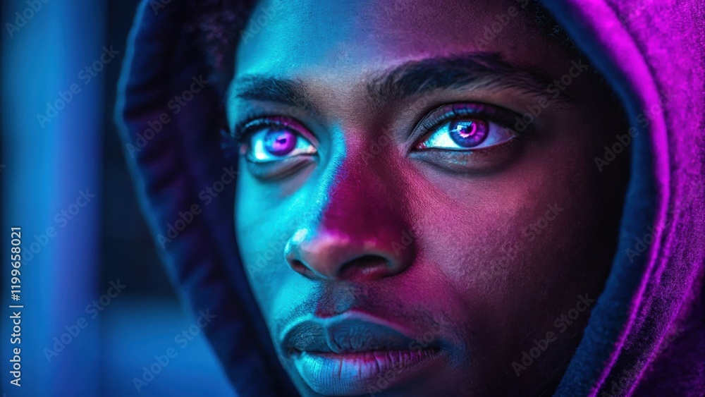 A portrait featuring a person looking directly at the camera their bright eyes shining with rich neon blue and purple reflections. The vivid colors create an intense ambiance A portrait featuring a person looking directly at the camera their bright eyes shining with rich neon blue and purple reflections. The vivid colors create an intense ambiance