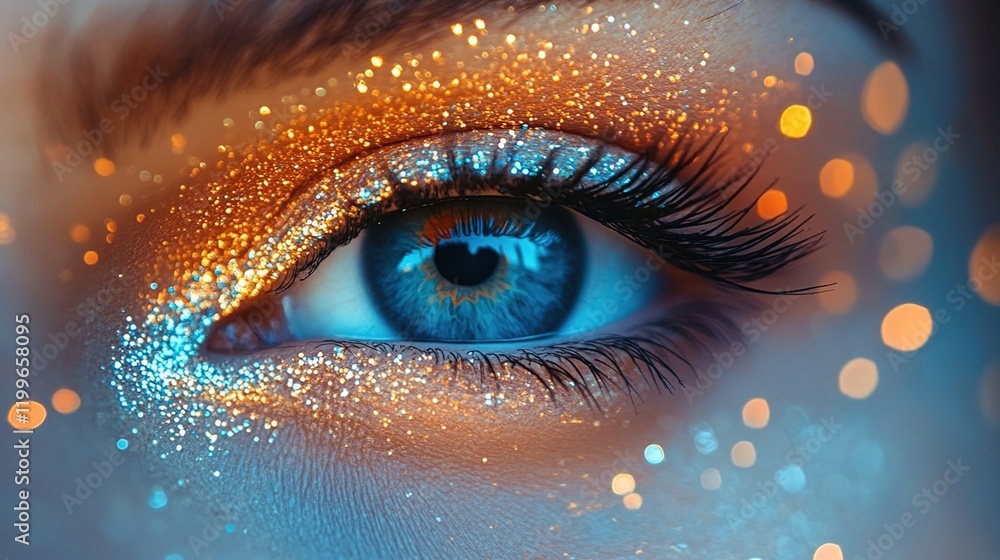 A close-up of an eye with blue and orange eyeshadow, surrounded by sparkling glitter that reflects light beautifully A close-up of an eye with blue and orange eyeshadow, surrounded by sparkling glitter that reflects light beautifully