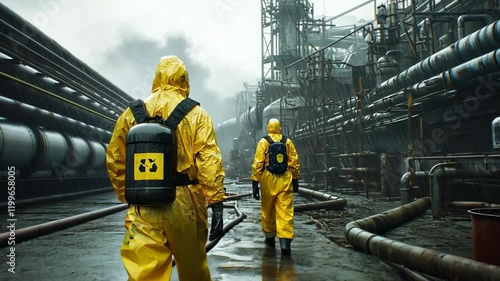 Hazmat Workers in Industrial Environment, hazmat suit, industrial site, chemical plant, refinery, pollution