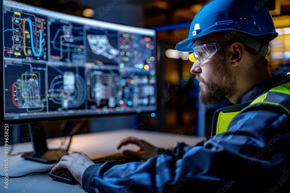 Generative AI image of a professional engineer in protective gear at an industrial facility Generative AI image of a professional engineer in protective gear at an industrial facility