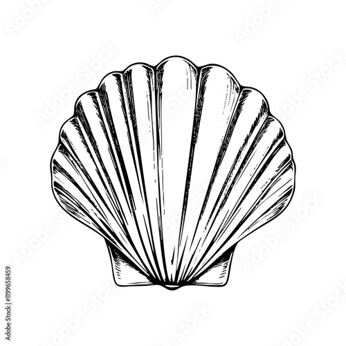 Clam shell engraving black and white outline. Scratch board imitation.  illustrated in vintage line art style on a white background.
