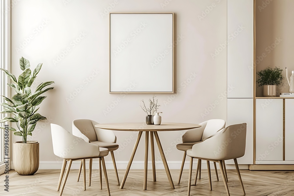Modern Dining Area with Blank Frame, Perfect for Mockups Modern Dining Area with Blank Frame, Perfect for Mockups