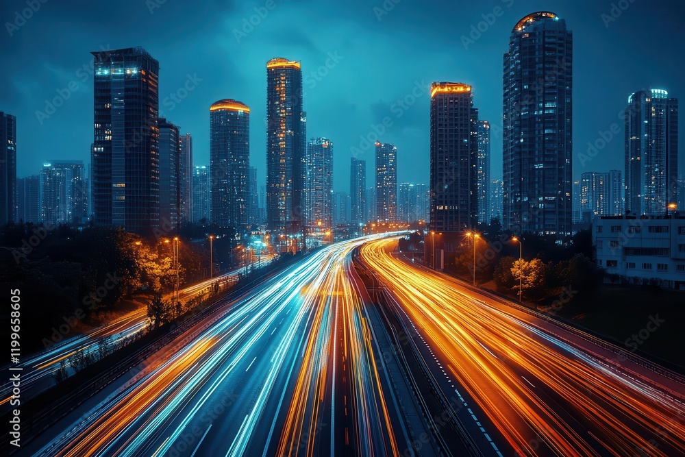 modern middle eastern metropolis at blue hour, light trails from luxury cars weaving through illuminated skyscrapers modern middle eastern metropolis at blue hour, light trails from luxury cars weaving through illuminated skyscrapers