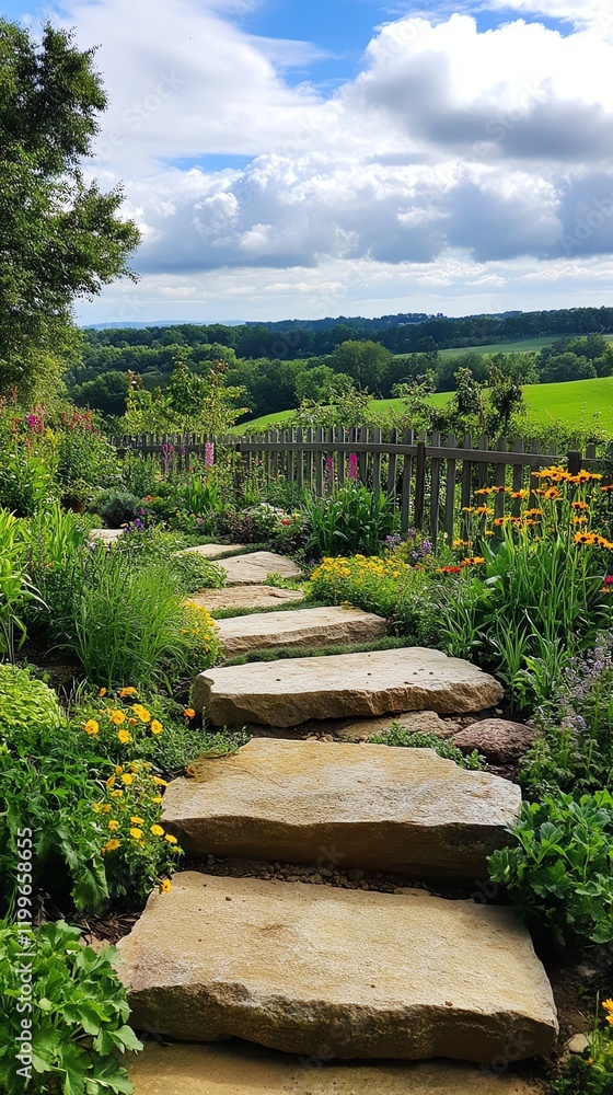 Rustic stone steps leading to a vegetable garden, bordered by wildflowers and picket fencing Rustic stone steps leading to a vegetable garden, bordered by wildflowers and picket fencing