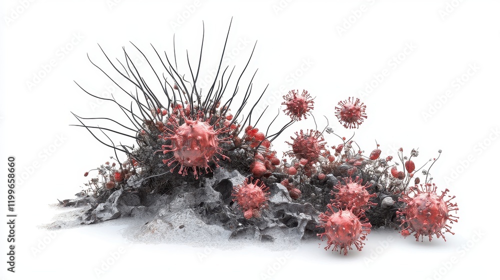 A highly detailed photorealistic image of virus and bacteria interaction, dramatic lighting, isolated on white background