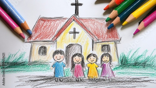 Children's crayon drawing of church.