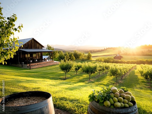 Scenic orchard with rows of fruit trees, wooden barrels, and a rustic barn in the distance, ideal for a rural aesthetic photo