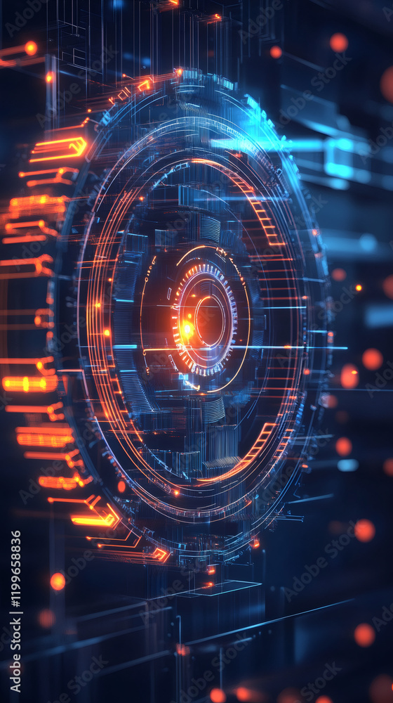 Obraz premium Digital interface cycling complex data streams, glowing with vivid blue-orange luminescence, representing cutting-edge technological processing