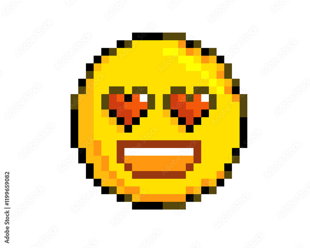 Fototapeta premium 8 bits pixel art yellow happy big smiley face icon with heart eyes
