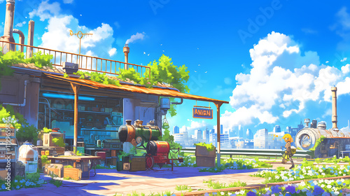 Wallpaper Mural Vibrant rooftop caf? scene with a character walking amidst greenery and city skyline in the background Torontodigital.ca