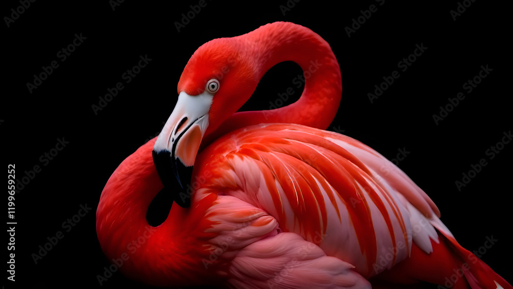This is a detailed closeup of a beautiful flamingo perched elegantly against a dark black background, showcasing its vibrant features