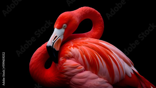 Obraz na płótnie This is a detailed closeup of a beautiful flamingo perched elegantly against a dark black background, showcasing its vibrant features w salonie