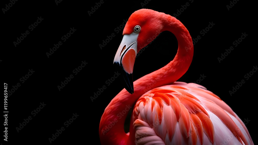 This is a detailed closeup of a beautiful flamingo perched elegantly against a dark black background, showcasing its vibrant features