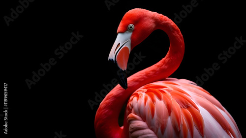 This is a detailed closeup of a beautiful flamingo perched elegantly against a dark black background, showcasing its vibrant features