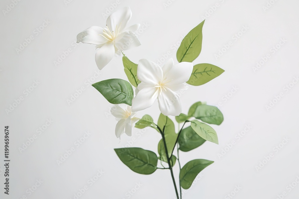 Fototapeta premium Fragrant Star Jasmine Blossom: Delicate White Flower with Lush Green Leaves, Perfect for Springtime
