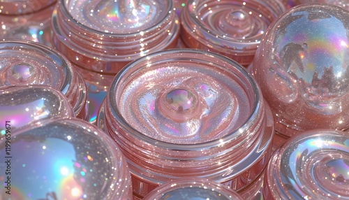 Silky Smooth Skincare Textures: A Close-Up Look at Luxurious Pink Creams, Gels, and Serums with Iridescent Shimmer and Glitter photo