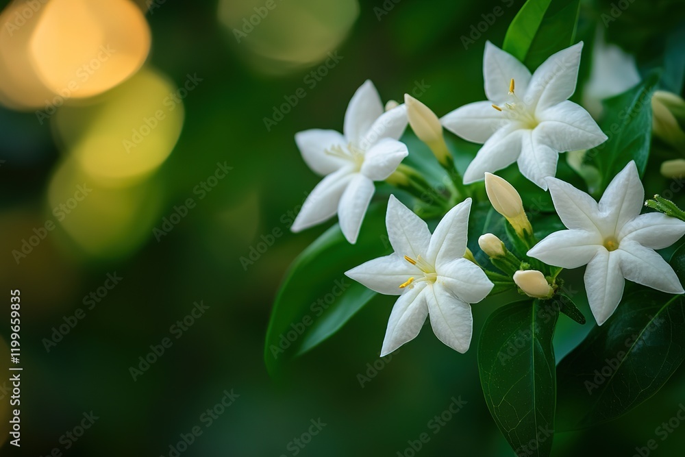 Fragrant Star Jasmine Blossom: White Flower with Lush Green Leaves, Botanical Beauty leaf plant bloom Fragrant Star Jasmine Blossom: White Flower with Lush Green Leaves, Botanical Beauty leaf plant bloom