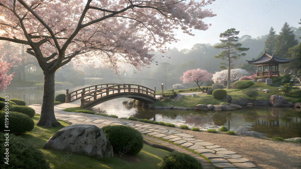 Japanese garden landscape in spring with cherry blossoms and bridge at sunrise copy space
Japanese garden landscape in spring with cherry blossoms and bridge at sunrise copy space