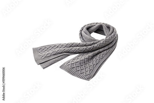 A beautifully knitted gray scarf with intricate patterns, blending warmth, elegance, and craftsmanship, perfect for chilly weather or stylish winter outfits. Isolated on a transparent background photo