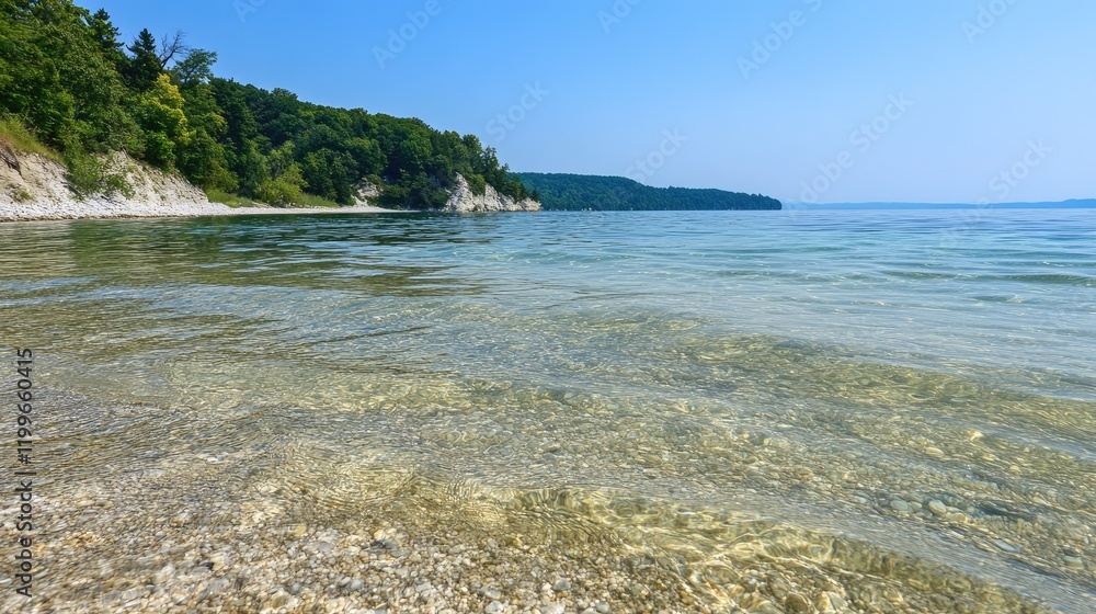 Tranquil Lake Shore With Crystal Clear Water And Forested Cliffs Tranquil Lake Shore With Crystal Clear Water And Forested Cliffs