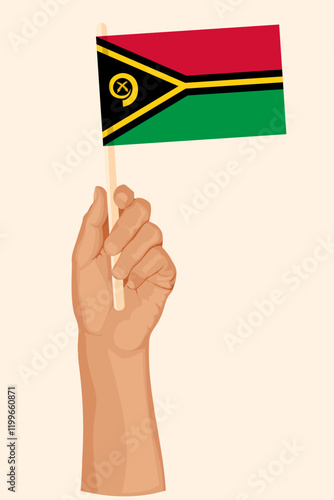 Hand holding the flag of Vanuatu. Patriotic illustration in simple flat style