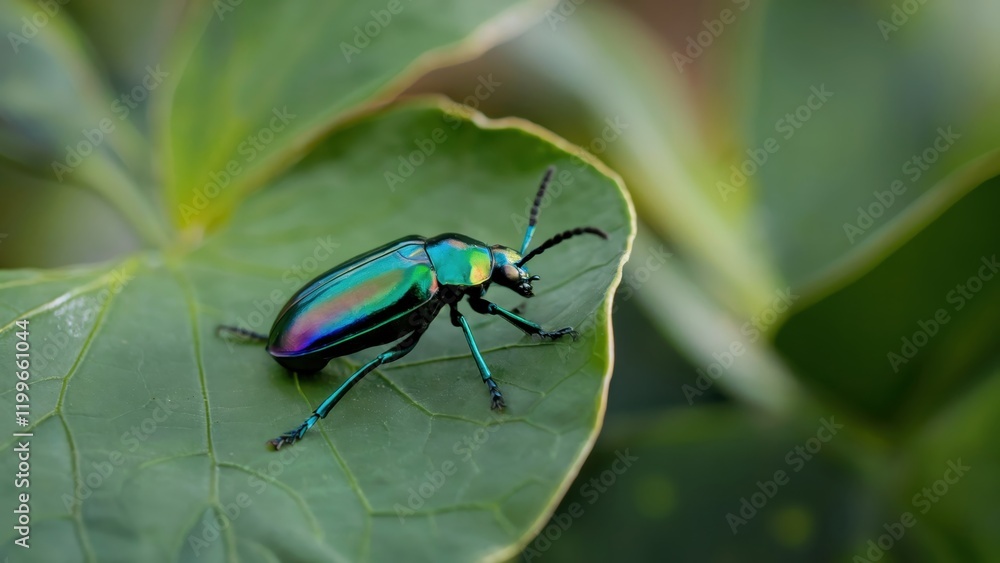 Vibrant iridescent beetle on a green leaf showcasing its striking metallic colors and intricate details in a close-up shot Vibrant iridescent beetle on a green leaf showcasing its striking metallic colors and intricate details in a close-up shot