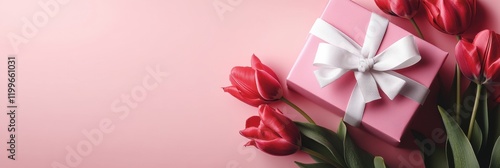Wallpaper Mural Pink Gift Box with White Ribbon and Tulips Torontodigital.ca