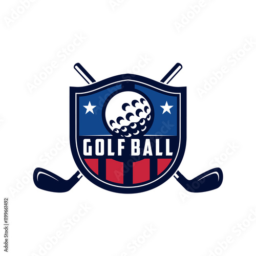 Badge emblem golf club, golf championship logo with golf ball and crossed golf sticks vector