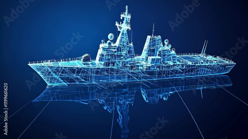 Wireframe Model of a Modern Warship, navy, military, vessel, frigate, destroyer