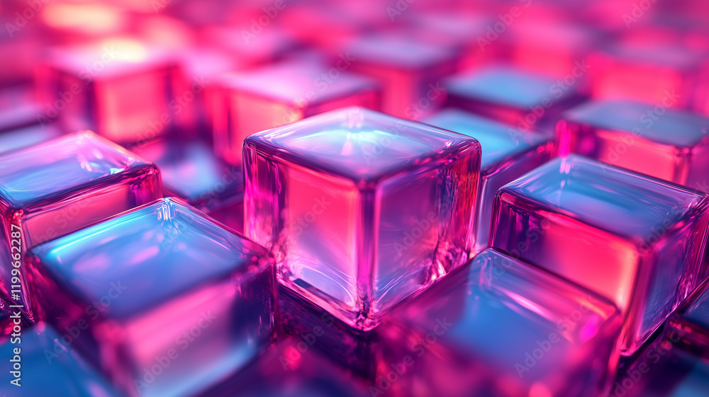 Vibrant pink and blue glass cubes create abstract, tech inspired scene, showcasing mesmerizing interplay of light and color. arrangement evokes sense of depth and modernity Vibrant pink and blue glass cubes create abstract, tech inspired scene, showcasing mesmerizing interplay of light and color. arrangement evokes sense of depth and modernity