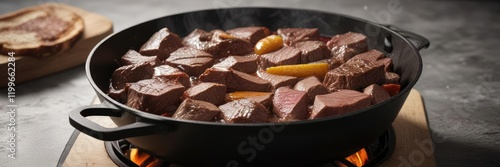 A lump of cooked marble beef sizzling in a pan , meat, cooking, savory photo