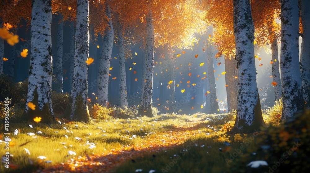 Autumn Sunlight Illuminates Birch Trees Path Autumn Sunlight Illuminates Birch Trees Path