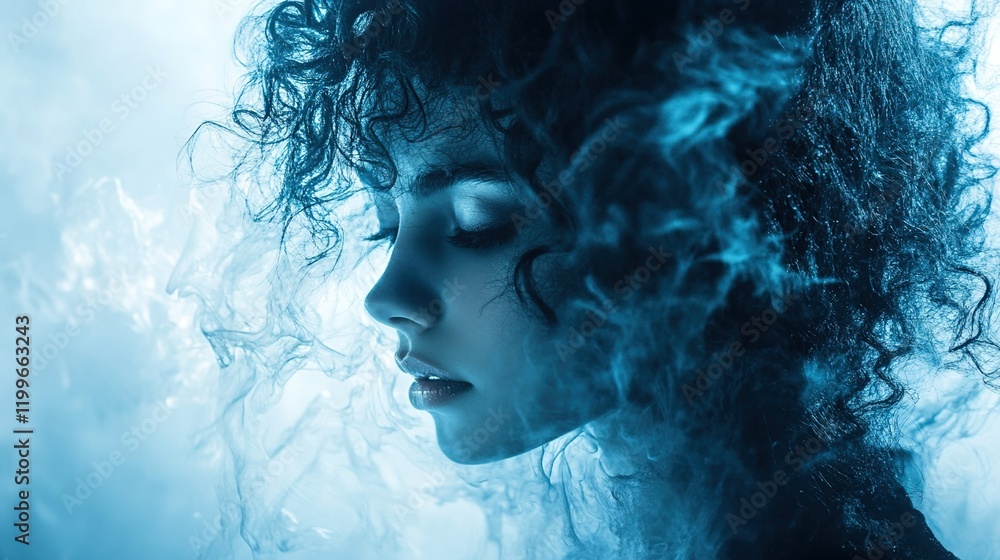 A woman with curly hair made of ice, with a foggy blue color grading A woman with curly hair made of ice, with a foggy blue color grading