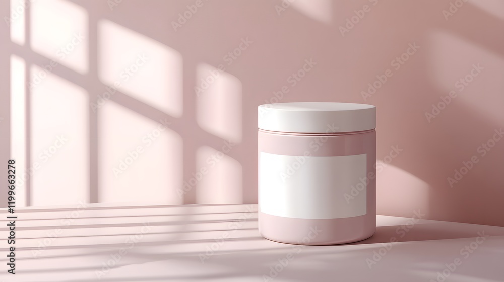 Blank mockup template of a packaging label on a cylindrical container with sleek modern design, soft lighting and shadows. Blank mockup template of a packaging label on a cylindrical container with sleek modern design, soft lighting and shadows.