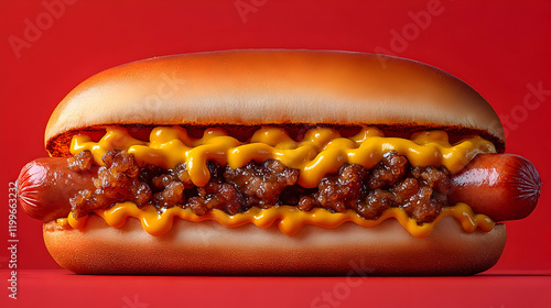 Chili cheese dog studio shot red background food advertising photo