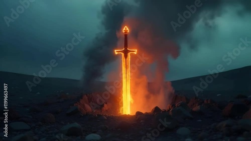 Charred ground with a flaming sword, reflecting the devastating power of war