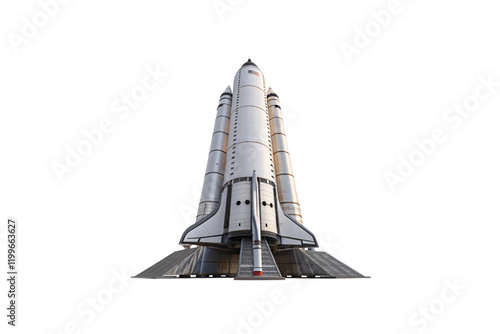 Fototapeta Naklejka Na Ścianę i Meble -  A towering white rocket on a structured launch platform, ready for an imminent liftoff into the unknown. Isolated on a transparent background