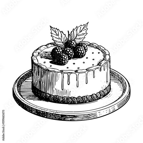 Raspberry cake engraving black and white outline. Scratch board imitation.  illustrated in vintage line art style on a white background.
