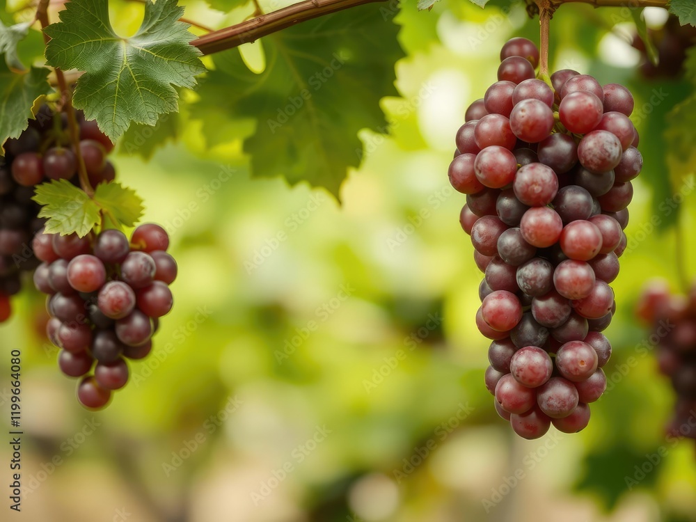 A cluster of ripe red grapes hanging from a bunch on a vine, purple grapes, red vine grapes, wine harvest A cluster of ripe red grapes hanging from a bunch on a vine, purple grapes, red vine grapes, wine harvest