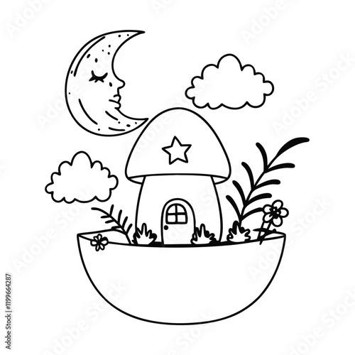 Whimsical Fantasy: Mushroom House in a Crescent Bowl under a Starry Moonlit Sky