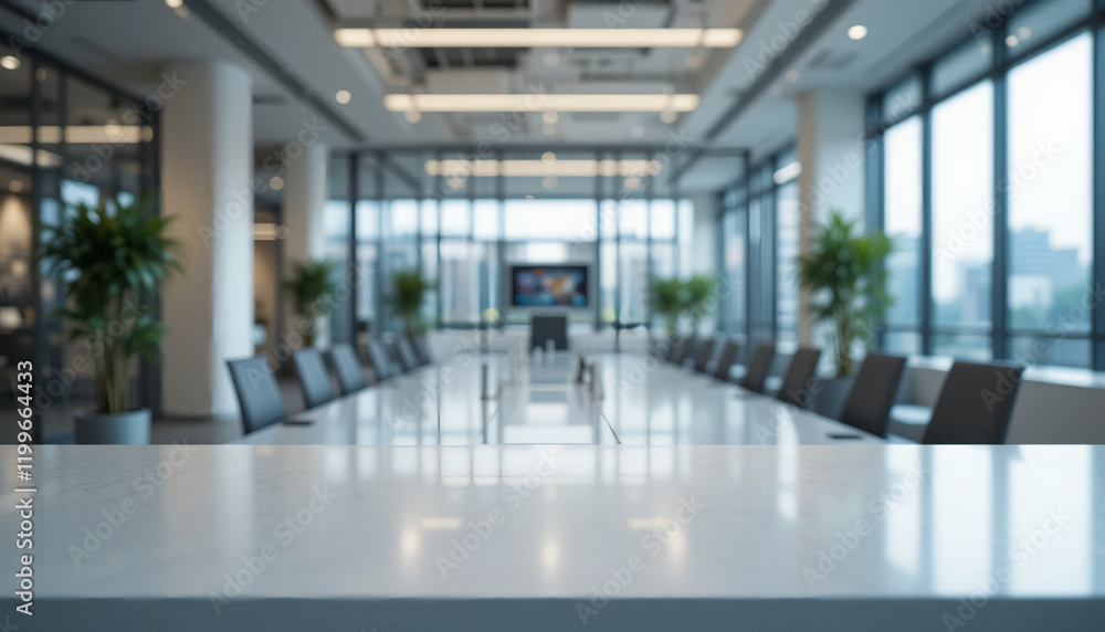 Fototapeta premium Empty White Table in a Modern Office with Panoramic Windows and Blurred Background