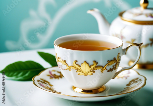 An elegant and beautiful rococo style tea cup with gold details. photo