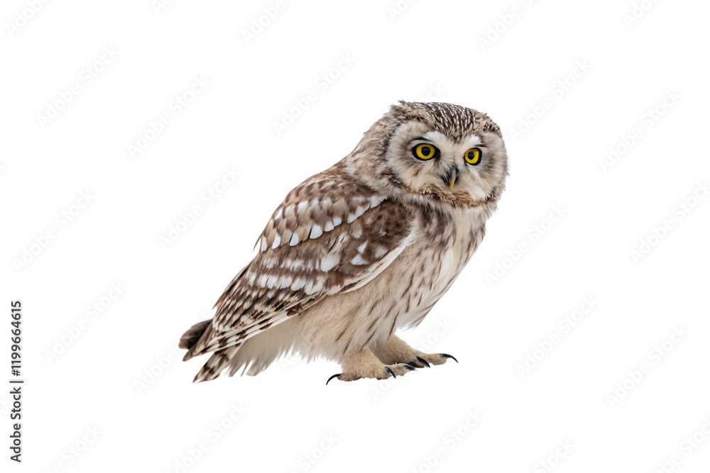 Naklejka premium An owl with bright yellow eyes and mottled feathers, perched elegantly, radiating wisdom and curiosity. Isolated on a transparent background