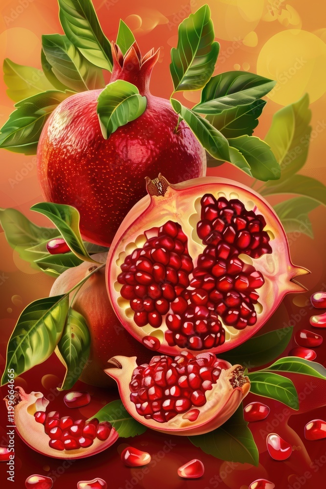 Fresh pomegranates with red seeds and juice dripping from them on a warm orange background. Fresh pomegranates with red seeds and juice dripping from them on a warm orange background.