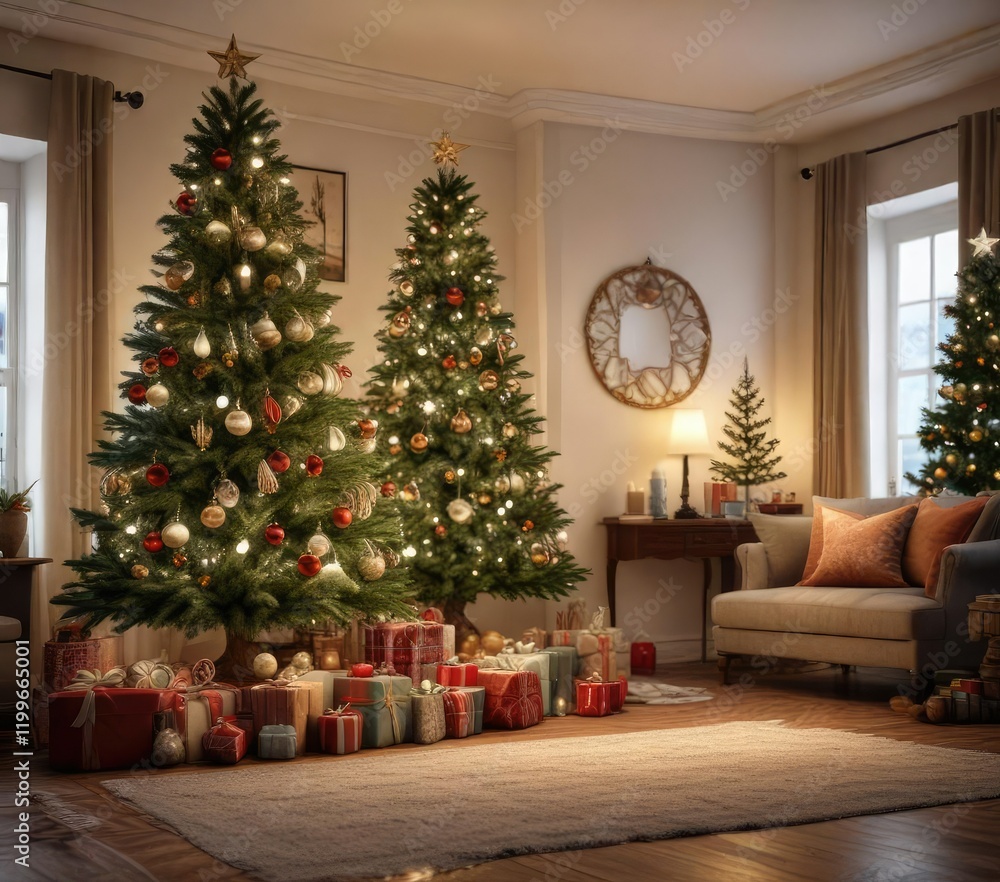 A Christmas tree decorated with ornaments and lights in a cozy living room, candlelight warm ambiance, tree with presents, lights A Christmas tree decorated with ornaments and lights in a cozy living room, candlelight warm ambiance, tree with presents, lights
