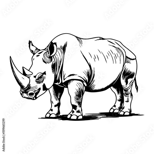 Rhino engraving black and white outline. Scratch board imitation.  illustrated in vintage line art style on a white background.
