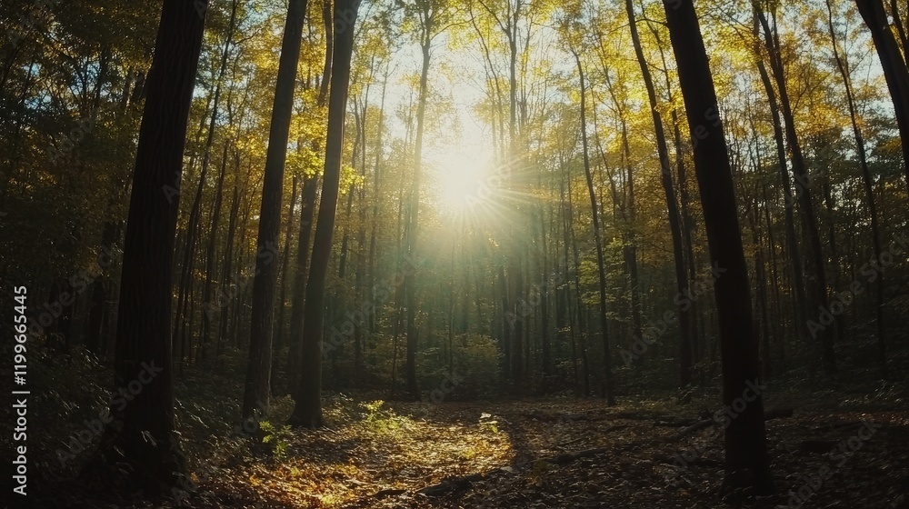 Obraz premium Sunlit Path Through Autumn Woods Golden Hour