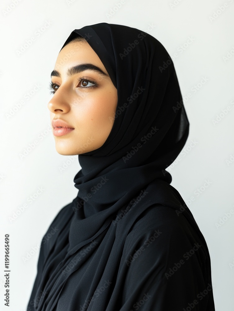 A young woman with makeup, wearing a black hijab and modern clothing, posing for the camera. A young woman with makeup, wearing a black hijab and modern clothing, posing for the camera.